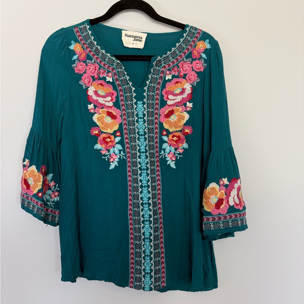 Snap Savanna Jane Small Teal Embroidered Flare Sleeve V Neck Blouse Top